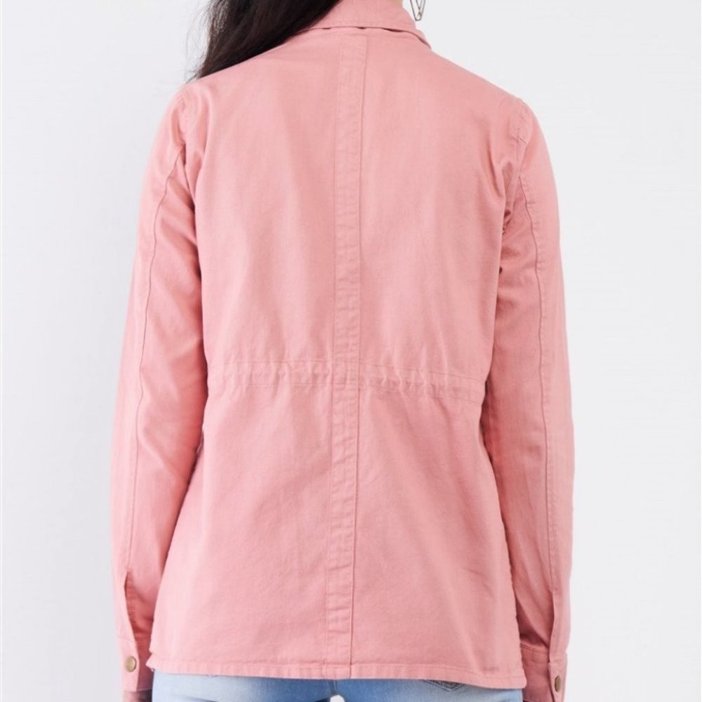 Washed Blush Pink Cotton Front Zip-Up Button Down Detachable Hood Utility Jacket - Picture 3 of 5